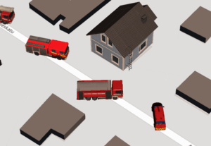 3d-havainnekuva hätätilanteesta, jossa kolme hälytysajoneuvoa talon edustalla