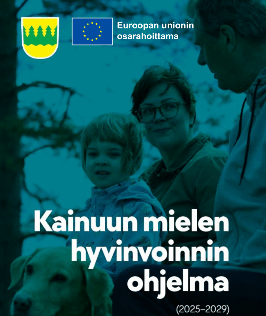 Kansilehti, jonka taustalla kuvituskuva ihmisistä. Kuvan päällä teksti "Kainuun mielen hyvinvoinnin ohjelma (2025–2029)." Kuvan yläkulmassa Kainuun vaakuna ja Euroopan unionin osarahoittama -logo