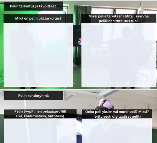 Tyhjiä otsikoituja laatikoita. Otsikoissa lukee "Pelin tarkoitus ja tavoitteet", "Mikä on pelin päätarkoitus?", "Miksi peliä tarvitaan? Mitä lisäarvoa pelillinen toteutus tuo?", "Pelin kohderyhmä", "Pelin tyypillinen (ikä, koulutustaso, taitotaso)", "Onko peli yksin- vai moninpeli? Miksi? (erityisesti digitaaliset pelit)". Taustalla kuvituskuvaa