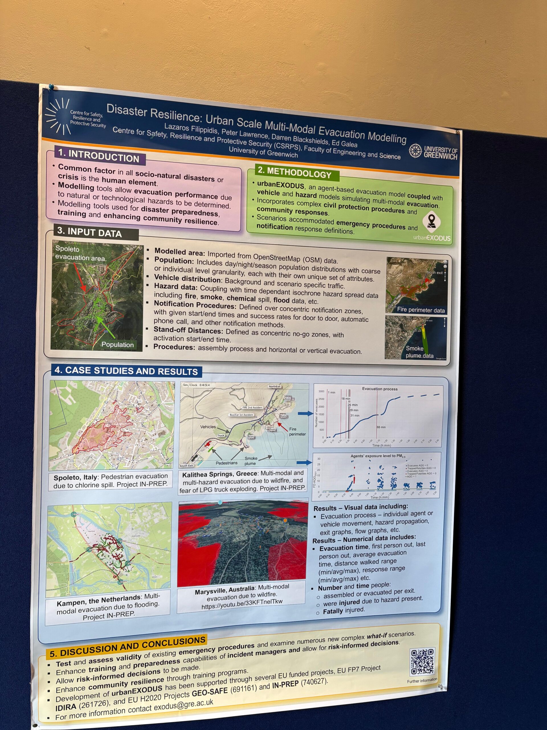 A project poster for "Disaster Resilience: Urban Scale Multi-Modal Evacuation Modelling". The poster includes information separated into different phases of the project