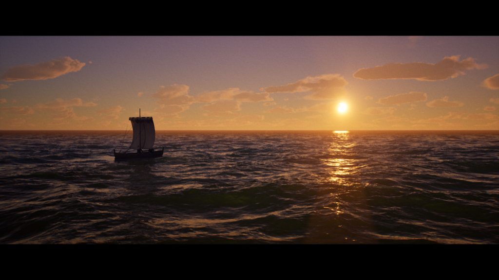 A screen capture from a video game. A sailboat is sailing on the sea with a setting sun in the background.