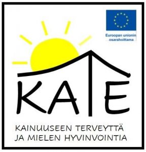 KATE-hankkeen logo, jossa on Euroopan sosiaalirahaston lipputunnus ja teksti: KATE-Kainuuseen terveyttä ja mielen hyvinvointia. 