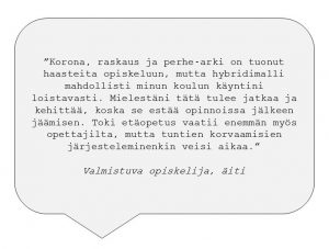 Puhekupla, jossa lukee: "Korona, raskaus ja perhe-arki on tuonut haasteita opiskeluun, mutta hybridimalli mahdollisti minun koulun käyntini loistavasti. Mielestäni tätä tulee jatkaa ja kehittää, koska se estää opinnoissa jälkeen jäämisen. Toki etäopetus vaatii enemmän myös opettajilta, mutta tuntien korvaamisien järjesteleminenkin veisi aikaa." Valmistuva opiskelija, äiti