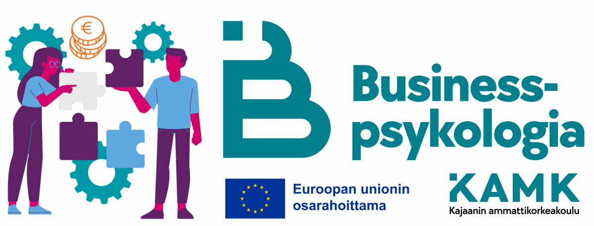 Business-psykologia -hankkeen logo, Euroopan unionin osarahoittama logo sekä KAMKin logo