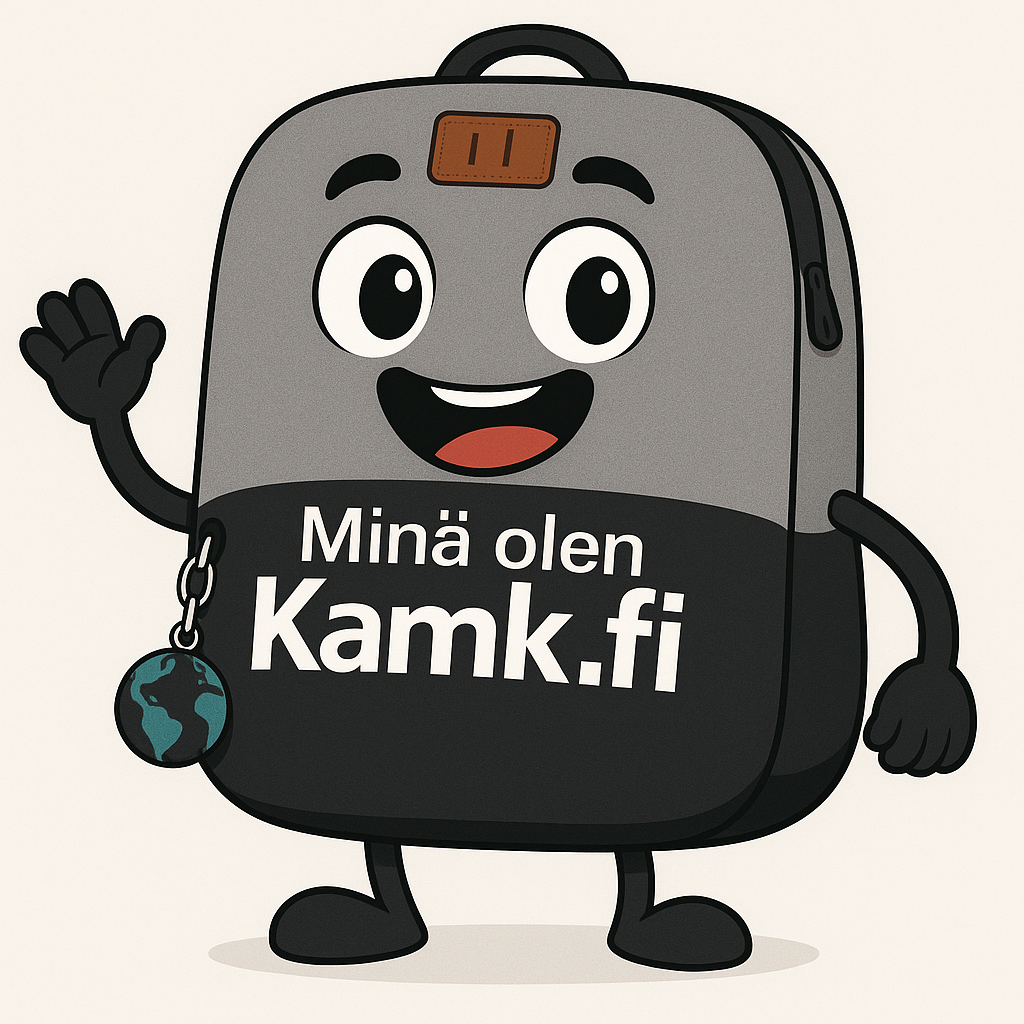 Sarjakuvahahmo, joka näyttää repulta jossa lukee "Minä olen Kamk.fi". Tekoälyllä luotu kuva.